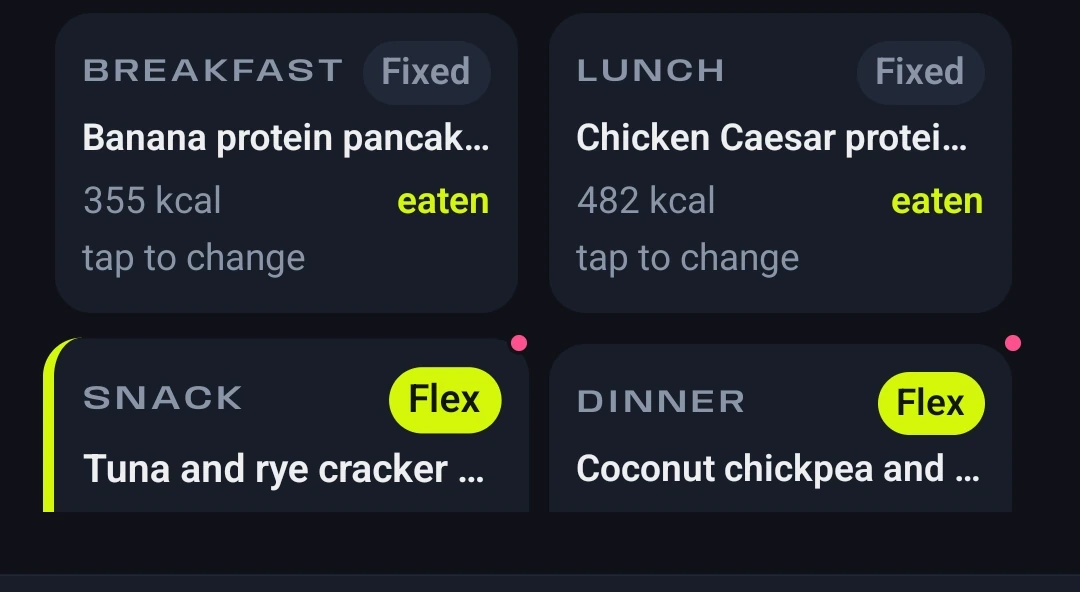 The four meal cards on the app's home screen, two of them already confirmed as eaten